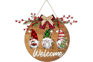 BORAMDO Christmas Wooden Gnome Welcome Sign for Front Door, 12 Inch Rustic Christmas Wood Welcome Hanging Sign Porch Sign, Round Christmas Gnome Door Hanger for Farmhouse Holiday Indoor Outdoor