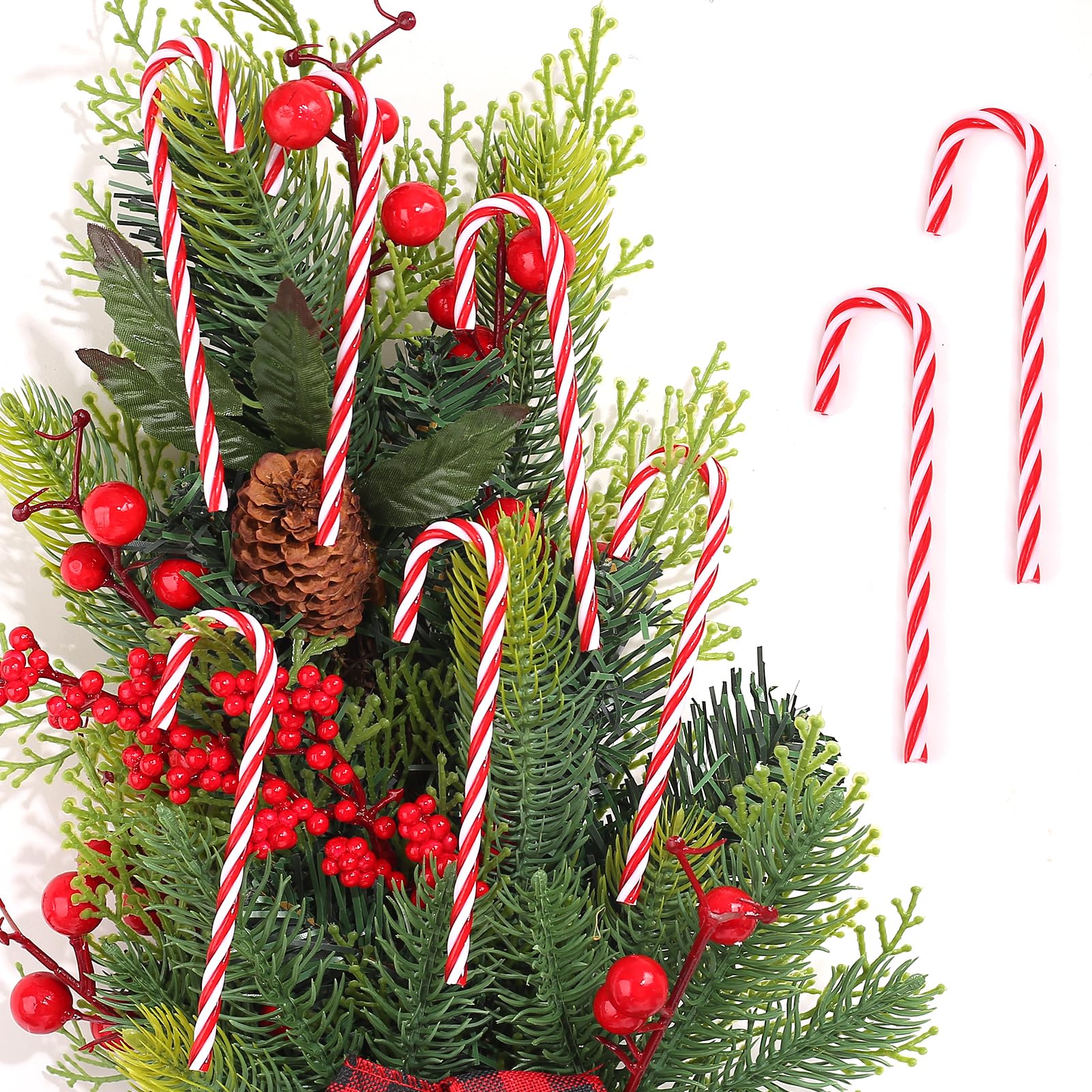 HERZWILD 32 Pcs Christmas Candy Cane Ornaments Twisted Christmas Plastic Candy Cane Decorations for Indoor Outdoor Decoration (No Holes Red and White12cm)
