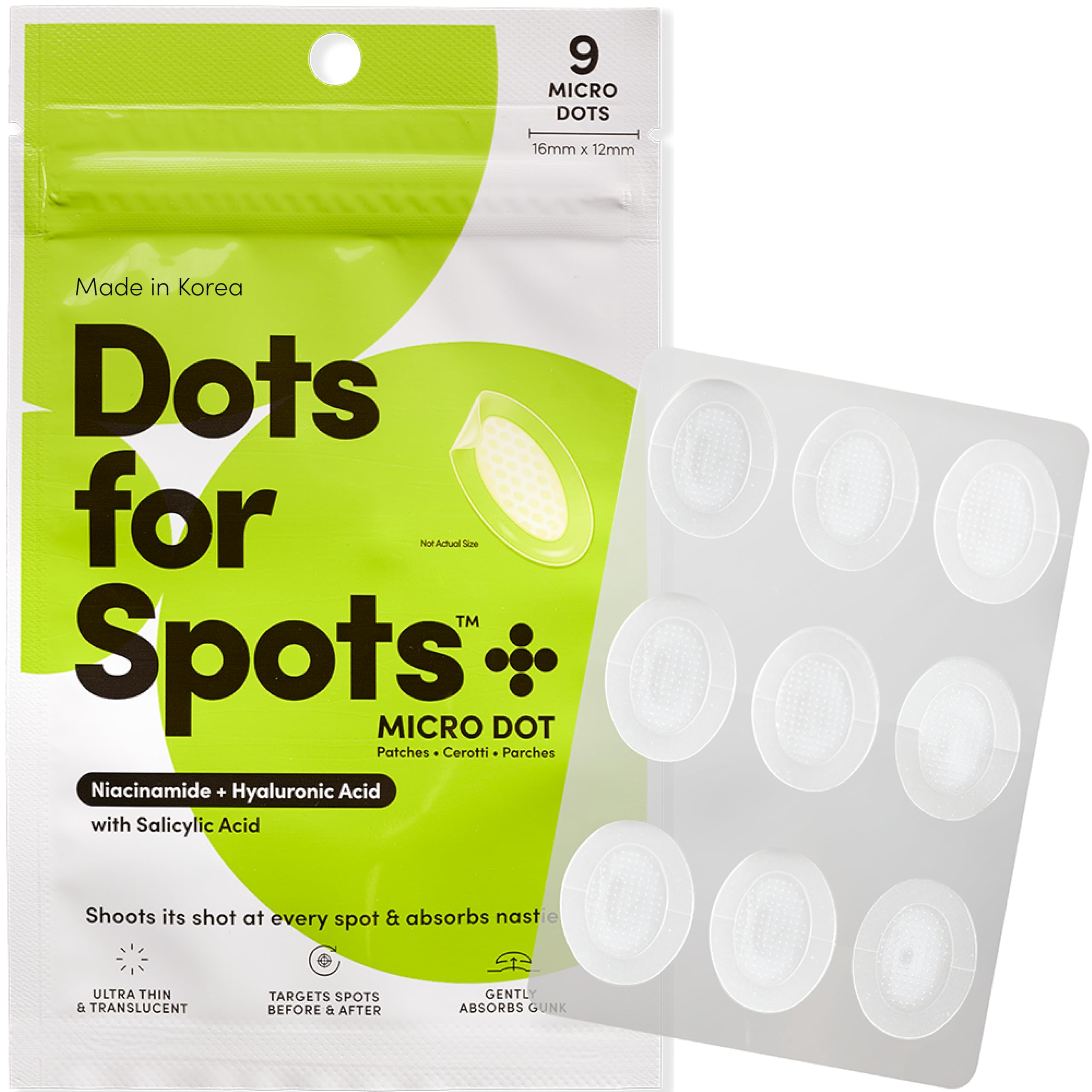 Dots for Spots Oval Spot Patch with Micro Darts - Pack of 9 Translucent Spot Treatment Stickers Infused With Niacinamide & Salicylic Acid - Fast-Acting, Vegan & Cruelty Free Skin Care