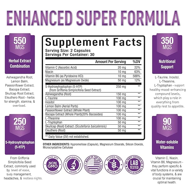 PREMIUM 5-HTP PLUS SUPPLEMENT 250MG MAXIMUM STRENGTH – SLEEP AID, MOOD BOOST, PROMOTES CALM & RELAXATION, STRESS MANAGEMENT SUPPORT – ENHANCED WITH VITAMIN B6, GLUTEN FREE, NON-GMO, 60 VEGGIE CAPS