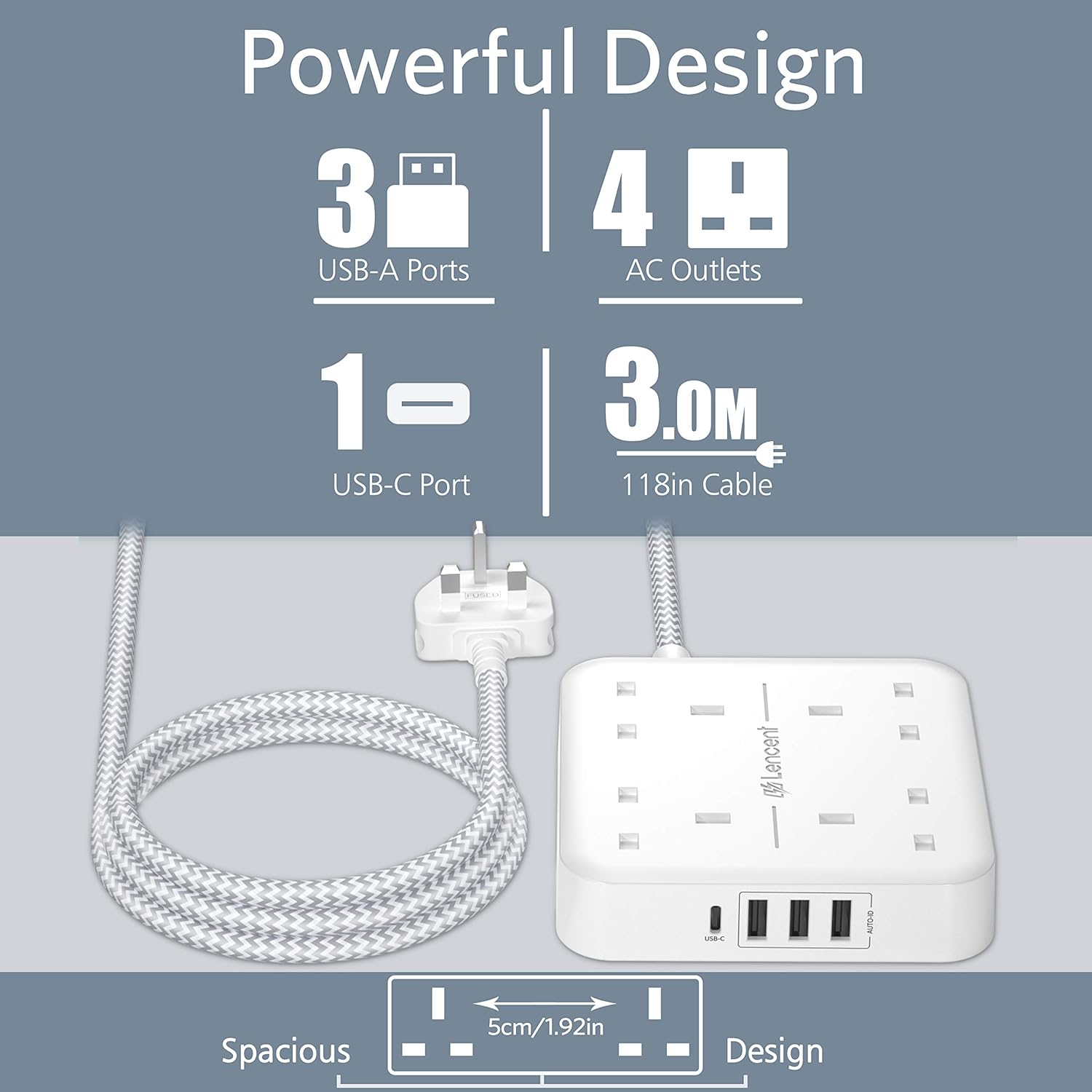 LENCENT 3M Extension Lead with USB C Port (3250W 13A), 4 Way Outlets Power Strip with 1 USB-C and 3 USB Slots - Image 3