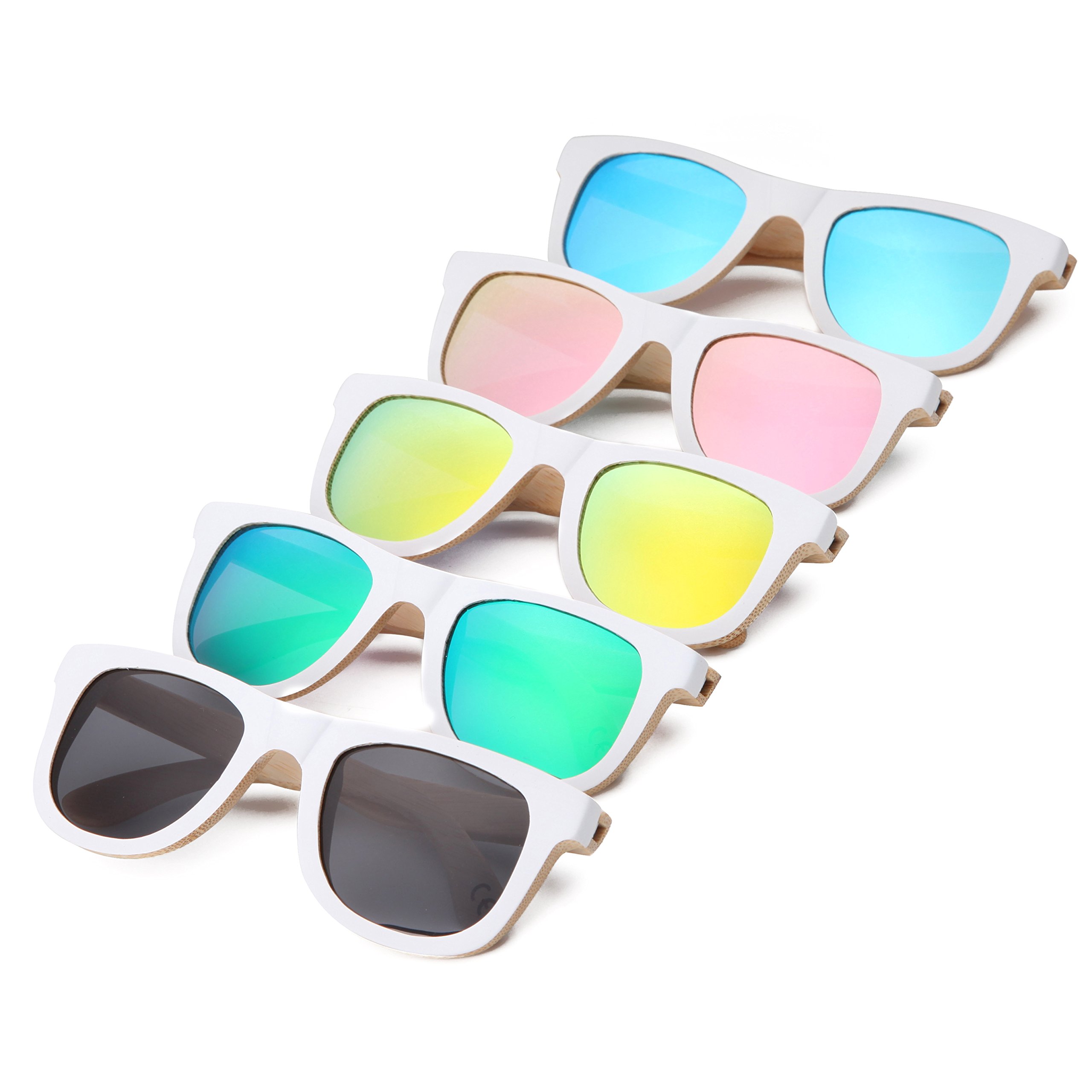 Mini Tree Wayfarer Anti-Glare Polarized Bamboo Sunglasses White Frame Vintage Eyewear Unisex WB500 (Bamboo, Ice Blue)