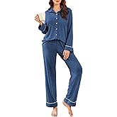 Ekouaer Womens Pajama Sets Long Sleeve Ribbed Knit Lounge Set Button Down Soft 2 Piece Pjs With Pockets Blue XL