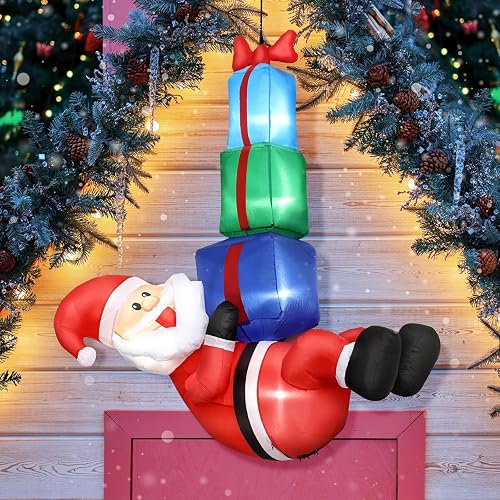 Bestcool Christmas Inflatable Decorations, 4FT Santa Claus Indoor Outdoor Christmas Hanging Decoration Blow Up Santa with Gift Box Build-in LEDs Inflatables for Yard Garden XMAS Decorations,UK