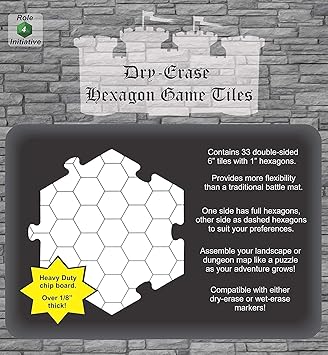 Dry Erase Hexagon Dungeon Tiles - Pack of 33 Six Inch Tiles