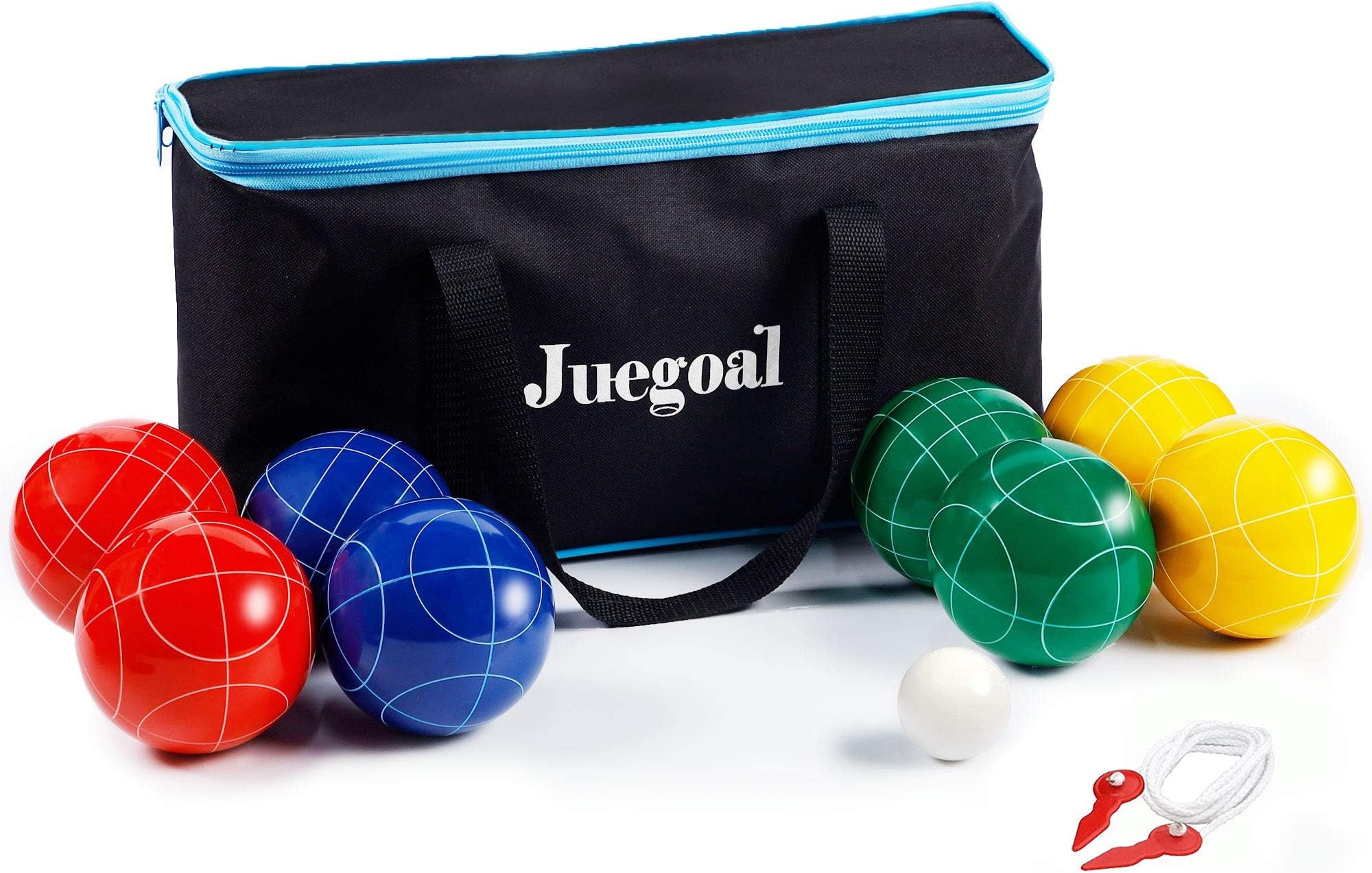Juegoal Bocce Ball Set, 90mm Red, Green, Blue and Yellow Balls, Pallino and Measuring Rope with Soft Carry Case, Family Outdoor Bocce Game for Backyard, Lawn, Beach, Party, Picnics and Beach Games