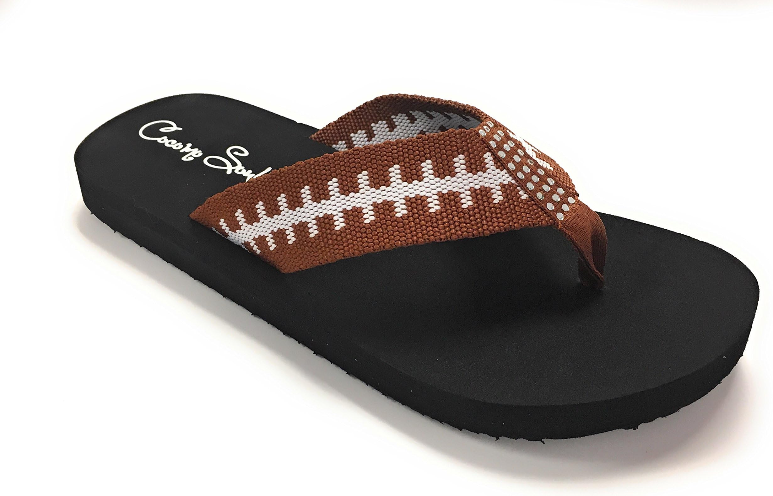 Cocomo SoulFootball Fabric Flip Flops | Football Mom Flip Flops | Football Sandals | Football Flip Flops for Women | Football Rhinestone Flip Flops