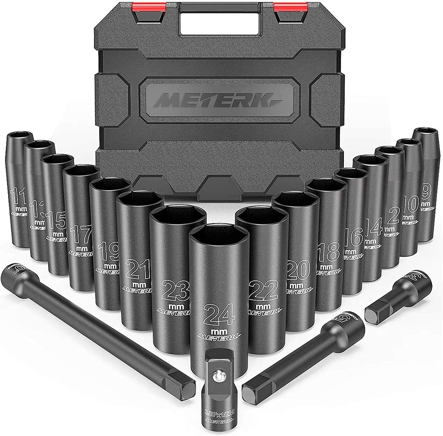 Impact Socket Set, Meterk 1/2" Drive Deep Impact Socket Set 20 PCS, 9-24 mm, 16 PCS Metric Sockets with 3/8" to 1/2" Socket Wrench Adapter and 3 PCS 1/2" Drive Impact Extension Bar
