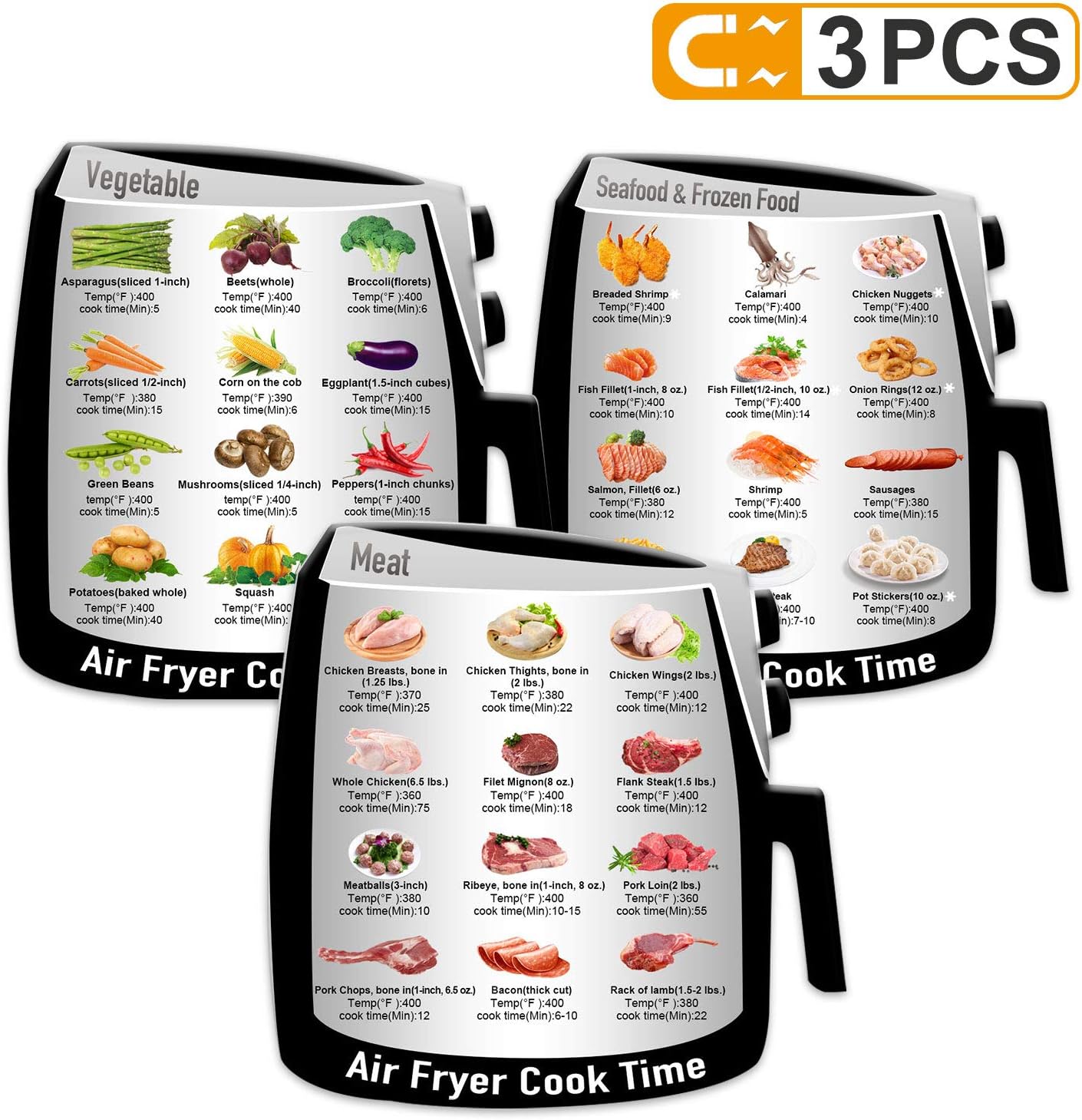 3 Pack Air Frying Cook Time Chart Guide Recipes CookBook, More Food Types Food Images Magnetic Cheat Sheet, Quick Reference Guide for Common Food Materials, Best Gift for Husband, Wife, Mom, Daughter
