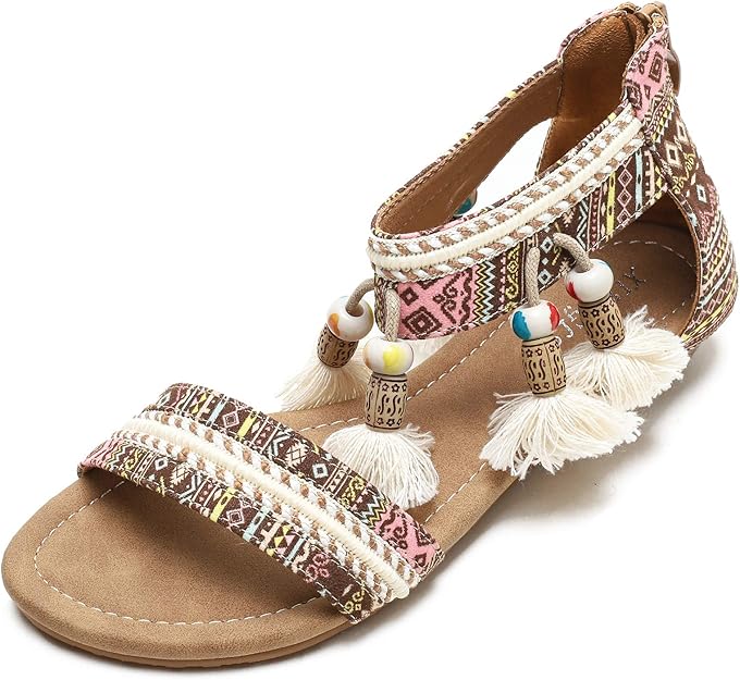 XIANGLV Damen Sandalen Flache römische Sandalen, böhmische mehrfarbige