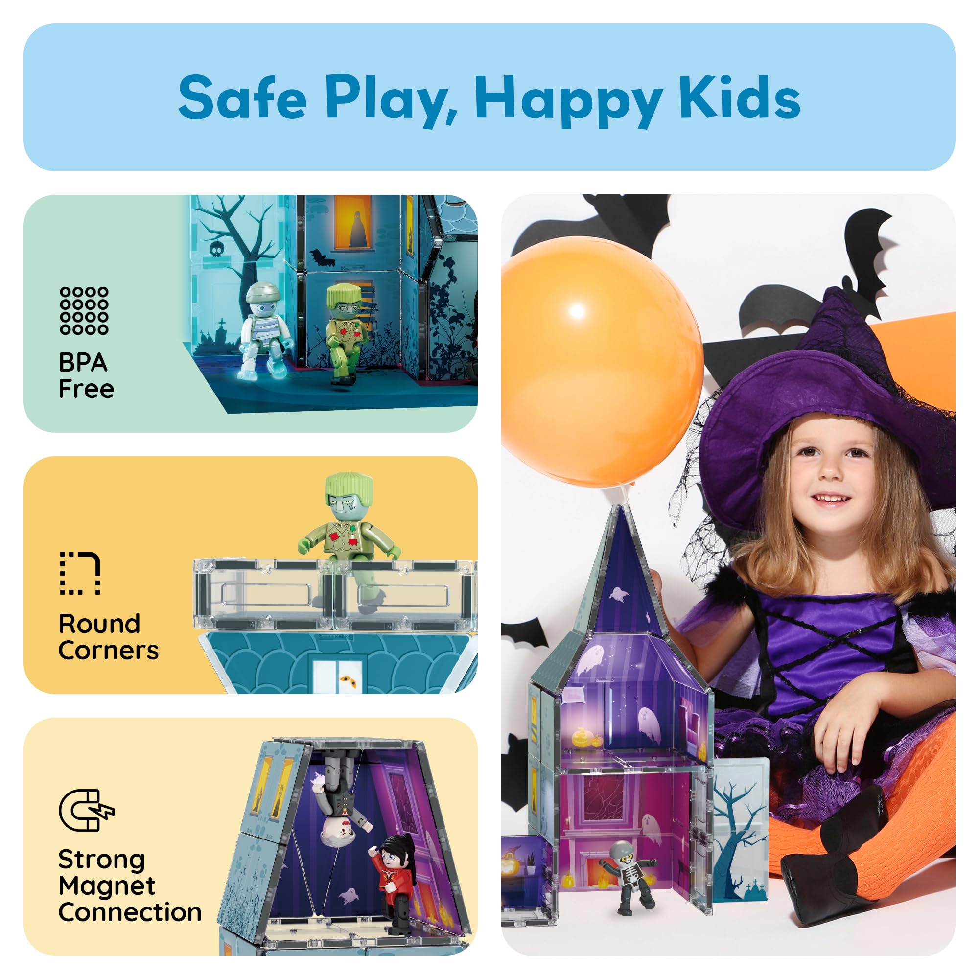 PicassoTiles Haunted House Theme Magnet Tile Building Blocks 8 Action Figures Magnetic Construction Toy Double Sided Printing Education STEM Learning Playset Halloween Adventure Kid Ages 3+ PTQ03