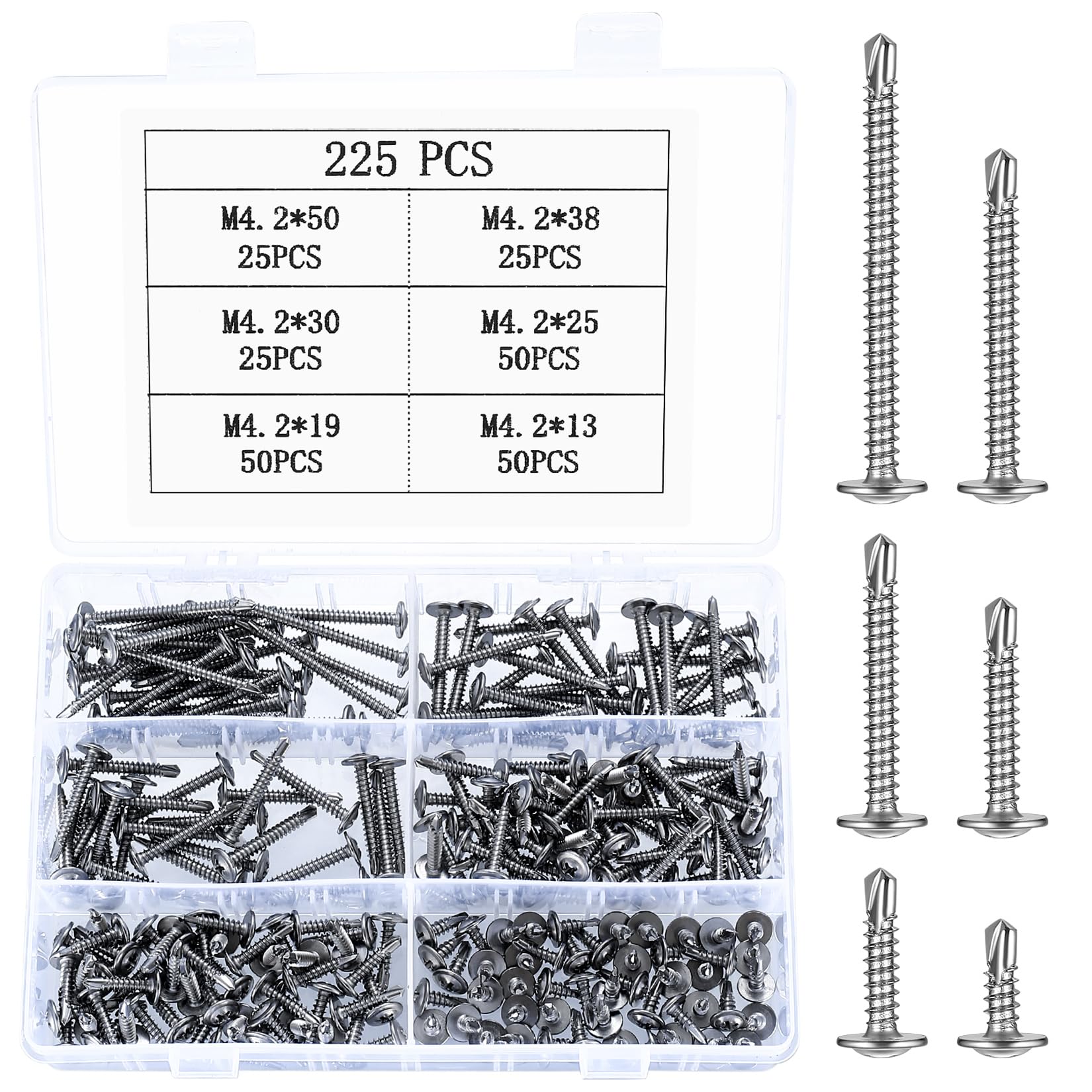 225 Pcs M4.2 Self Tapping Screws Metal, Stainless Steel Phillips Flat Head Wafer Head Self Drilling Sheet Metal Screws Assortment Kit for Metal Plastic Drywall