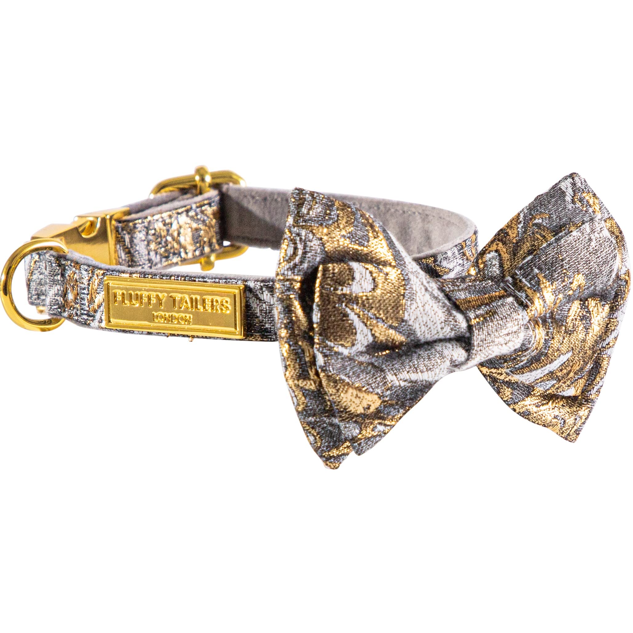 Fluffy Tailers Luxury Occasion Dog Collar With Detachable Bow Tie in Grey Gold Silk (Medium)
