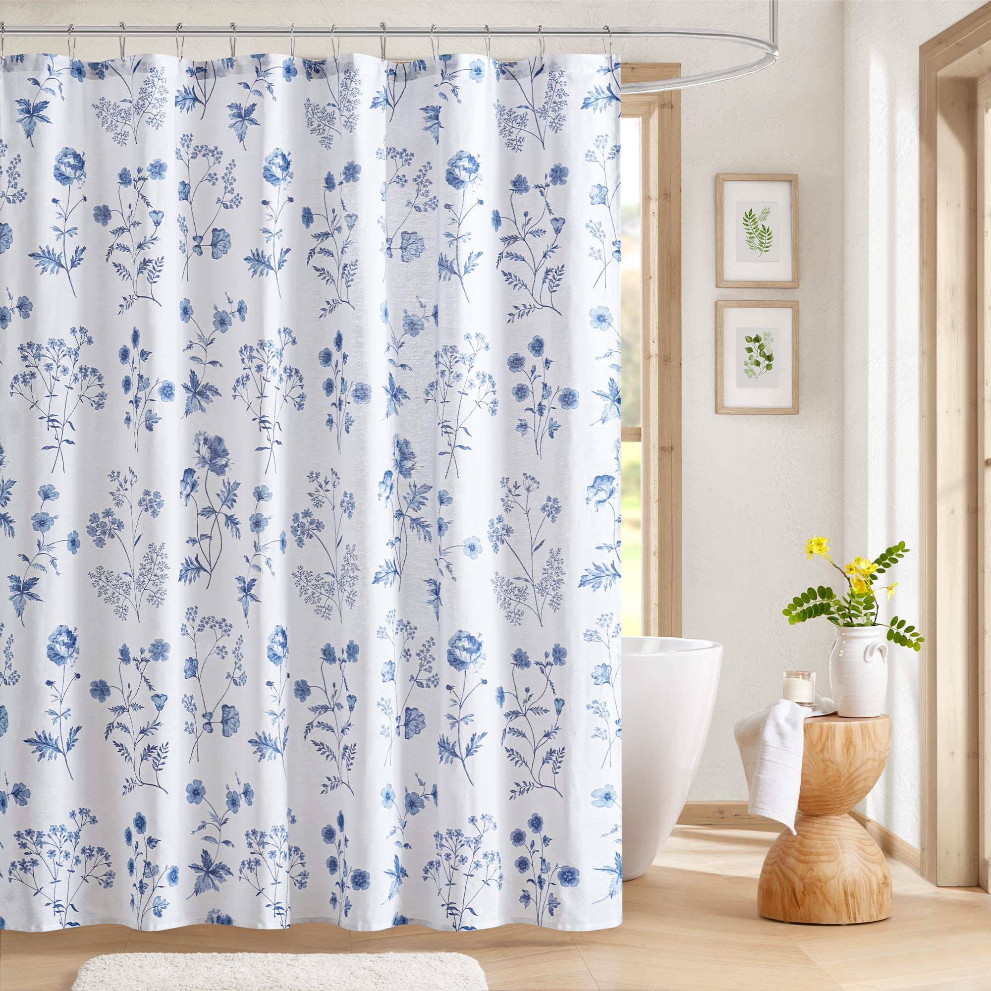 Martha Stewart Martha's Garden Shower Curtain Botanical Floral Print Cotton Shower Curtain for Bathroom, Spa Quality Modern Shower Curtains Standard Size, 72x84 Blue