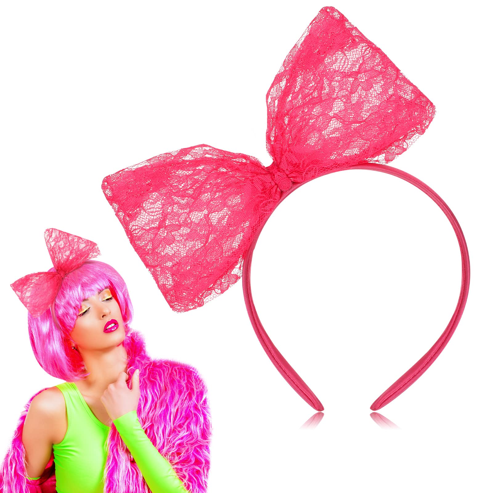Xinnun Neon Lace Bow Headband for Women 80s Costume Headwear Lace Bow Hair Accessory 1980s Cosplay Accessories for 1980s Theme Party Halloween Hair Hoop Costume
