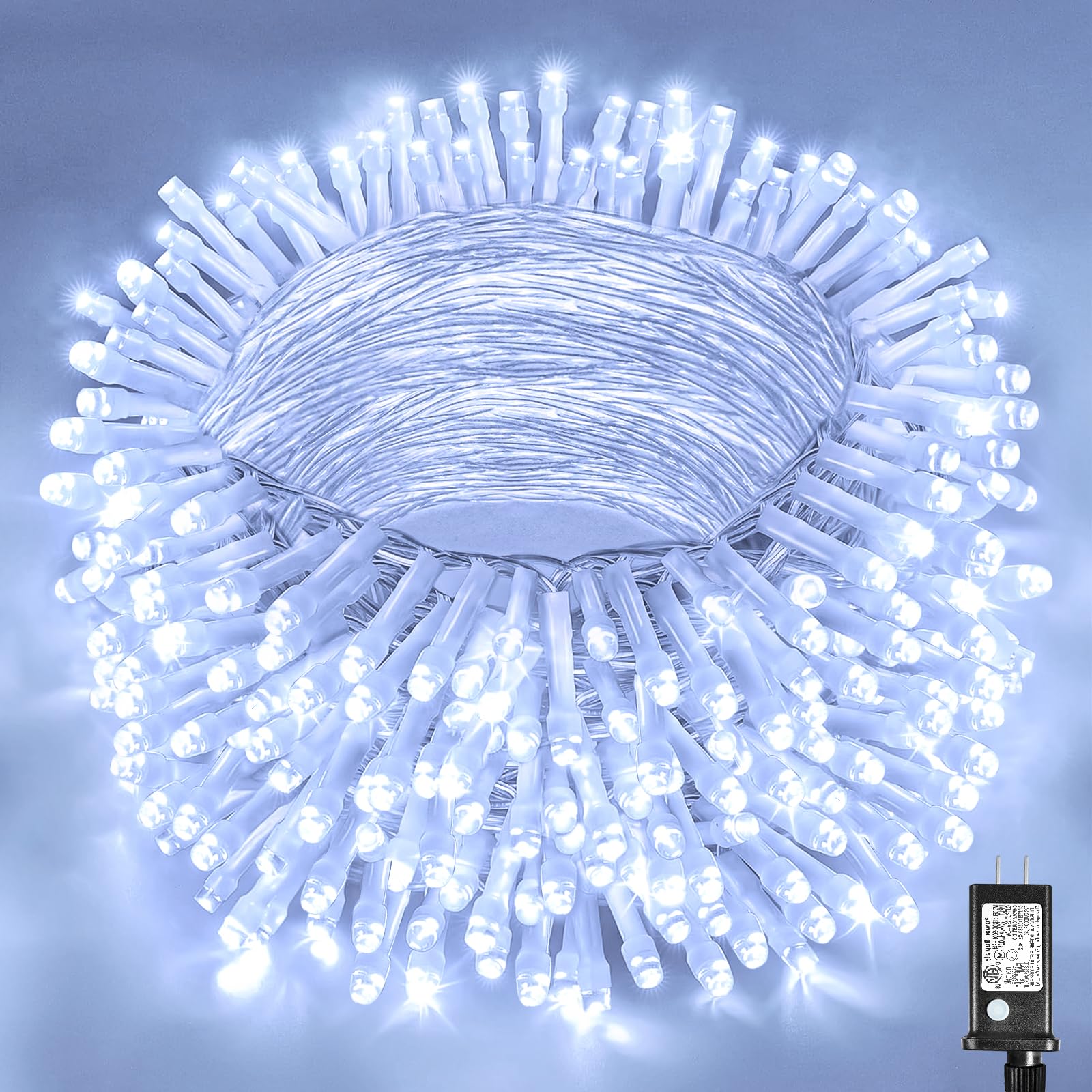 Photo 1 of 100ft White Christmas Lights Outdoor 300 LED String Lights Indoor Clear Wire Waterproof, 8 Modes Connectable Twinkle Fairy String Lights Plug in for Outside Room Bedroom Party Wedding Decorations