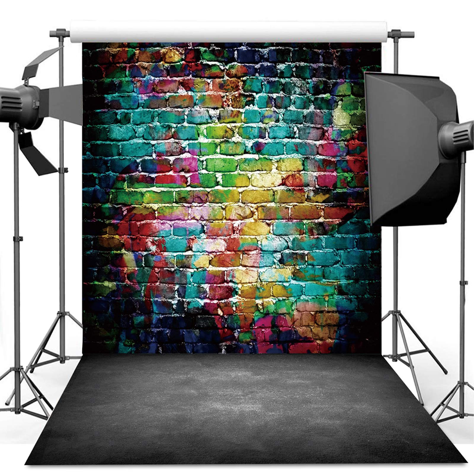 Dudaacvt Graffiti Photography Backdrop, 5x7 ft Colorful Brick Wall Vintage Cement Floor Backdrop for Studio Props Photo Background