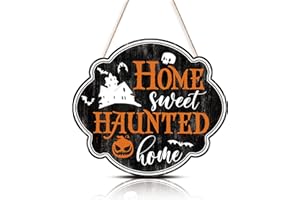 FWIEXA Halloween Decorations Funny Home Sweet Haunted Home Wood Sign Plaque (12.1"x 10.8"), Happy Halloween Decoration Art Sign, Halloween Themed Wooden Hanging Sign for Front Door Theme Party Gift