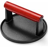 HULISEN 6" Round Cast Iron Burger Press, Burger Smasher with Wood Handle | Flat Edge Design, Heat Resistant Grip, Hamburger Patties Bacon Sandwiches, Griddle Grill Tailgates BBQ Compatible