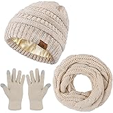 KUTTOR Winter Beanie Hat Scarf Gloves Set Warm Knit Fleece Touchscreen Gloves Neck Scarf Set Adult Winter Gift for Men Women