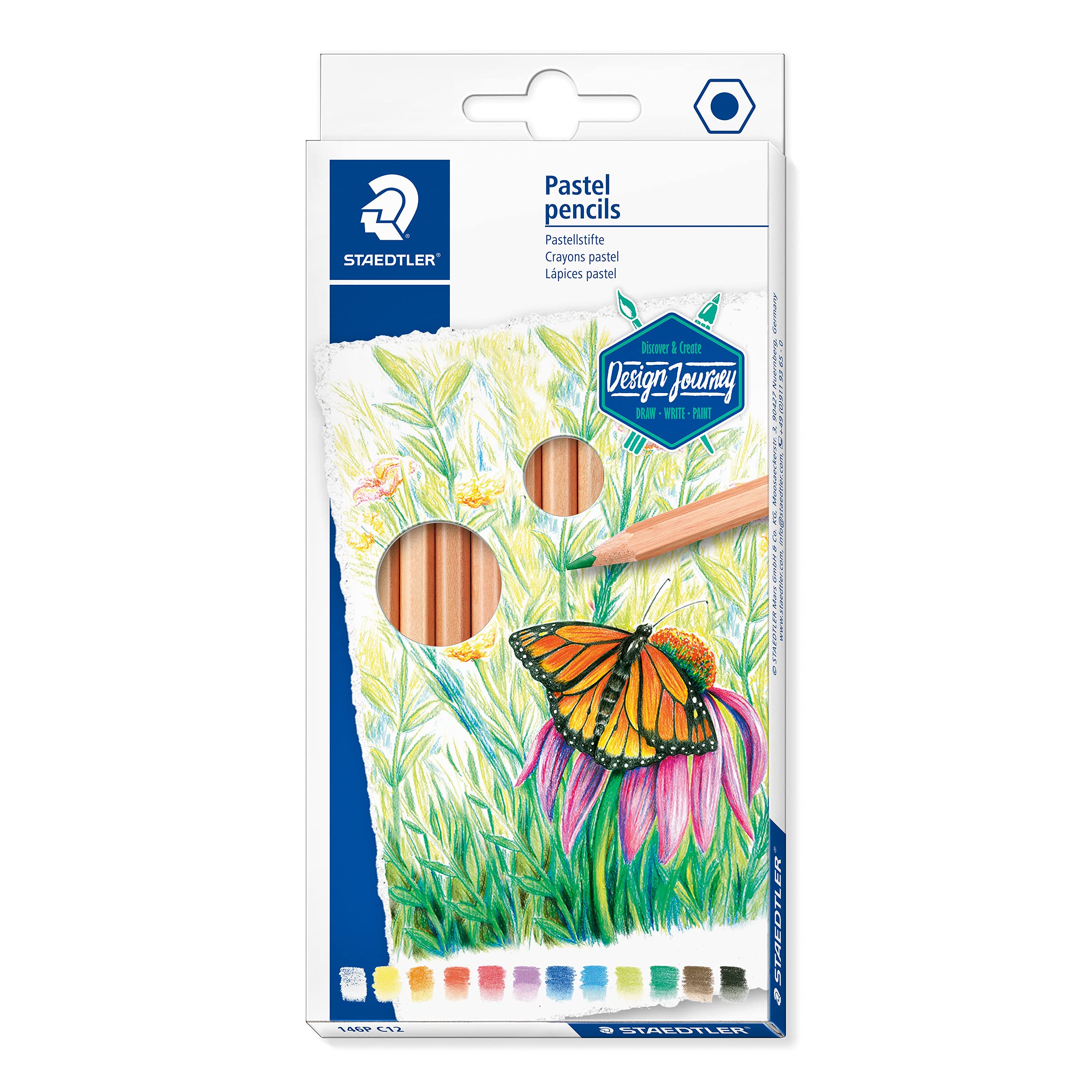 Staedtler Pastel Pen 146, Classic Hexagonal Format, Fine Colour Gradients with Fine Powdery Lead, for Flat and Detailed Painting, 12 Colours in Cardboard Case, 146P C12