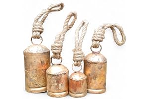 Siddhivinayak Overseas Set of 4 Metal Christmas Bells for Decoration Rustic Brass Gold Large Bell Cow Hanging