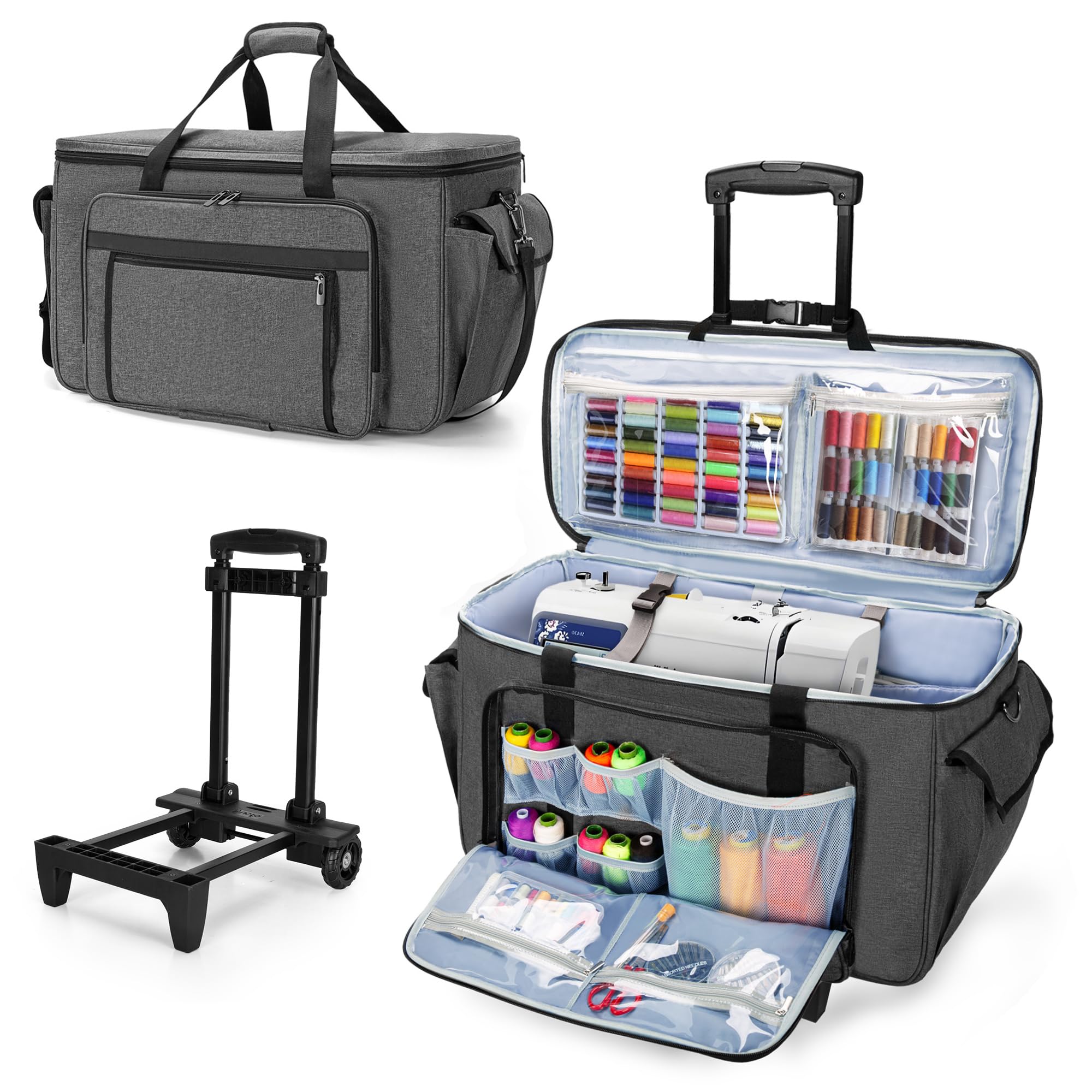 Photo 1 of CURMIO Sewing and Embroidery Machine Carrying Case with Wheels, Rolling Embroidery Machine Tote Bag with Bottom Support Board Compatible with Brother SE600, PE535 Embroidery Machine, Gray