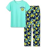 Beezizac Big Boys Pajamas Teal & Navy Face 2-Piece Fun Short Sleeve & Pants PJ Set Kid Cozy Sleepwear Size 6-18