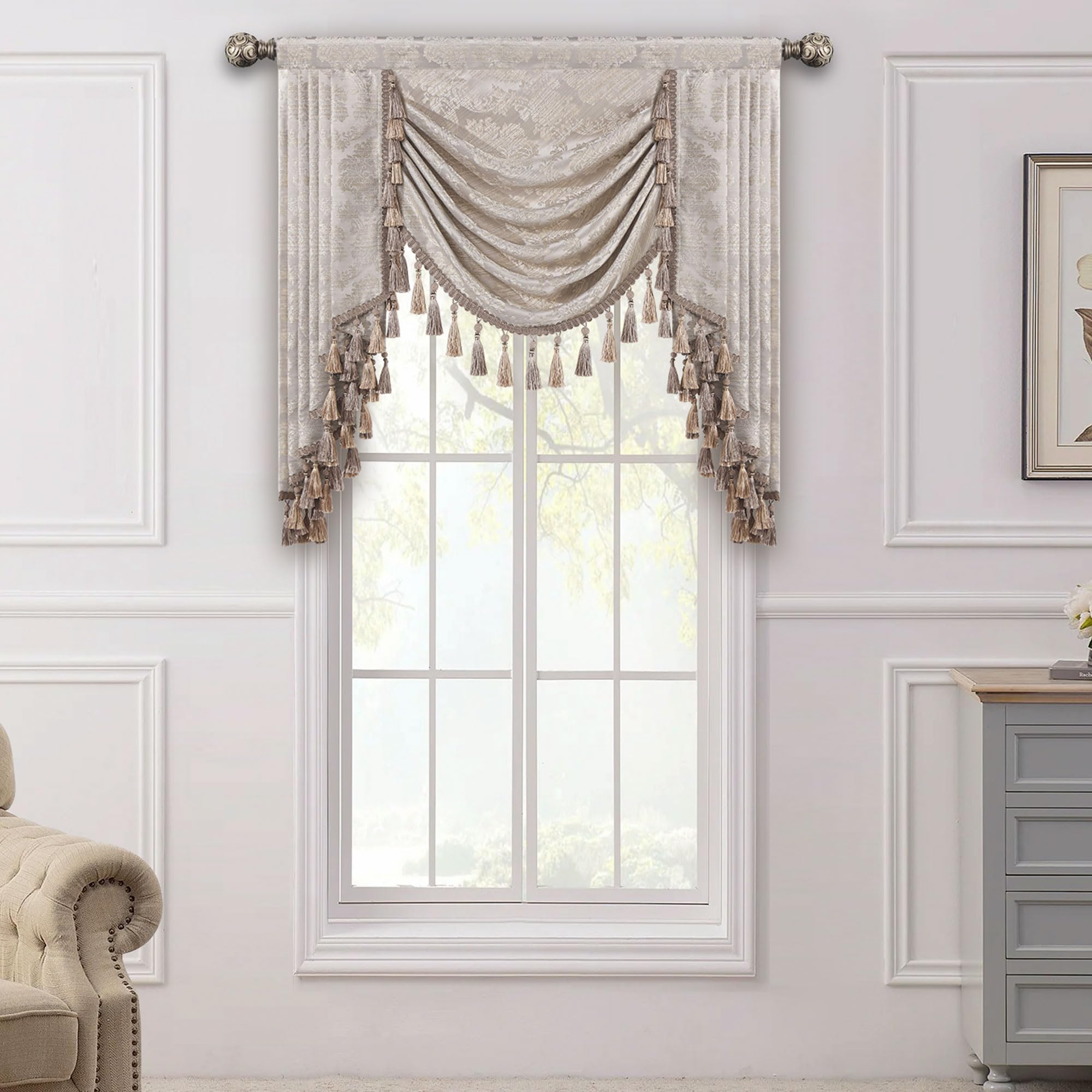 TOPLUXE Swag Valance for Windows, Damask Waterfall Valance with Tassels, Short Curtain for Bedroom Living Room Kitchen, Rod Pocket (Width 100cm, Beige & Gold)