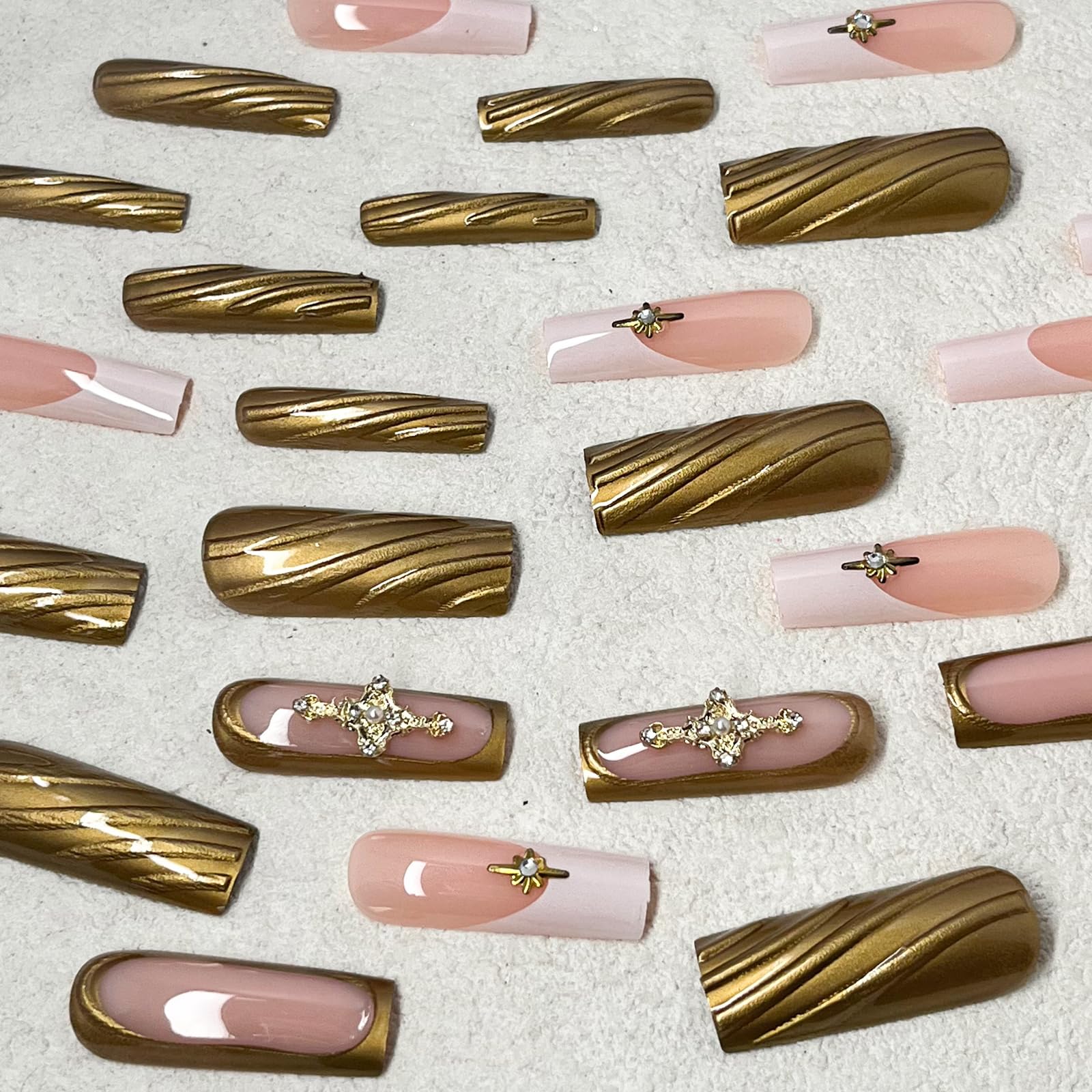 ROFIBUT French Tip Press on Nails Long Square Fake Nails with 3D Relief Design Glossy Gold Solid Color Coffin False Nails Luxury Star Charms Glue on Nail for Women Girls Manicure Nail Decoration 24Pcs - Image 4