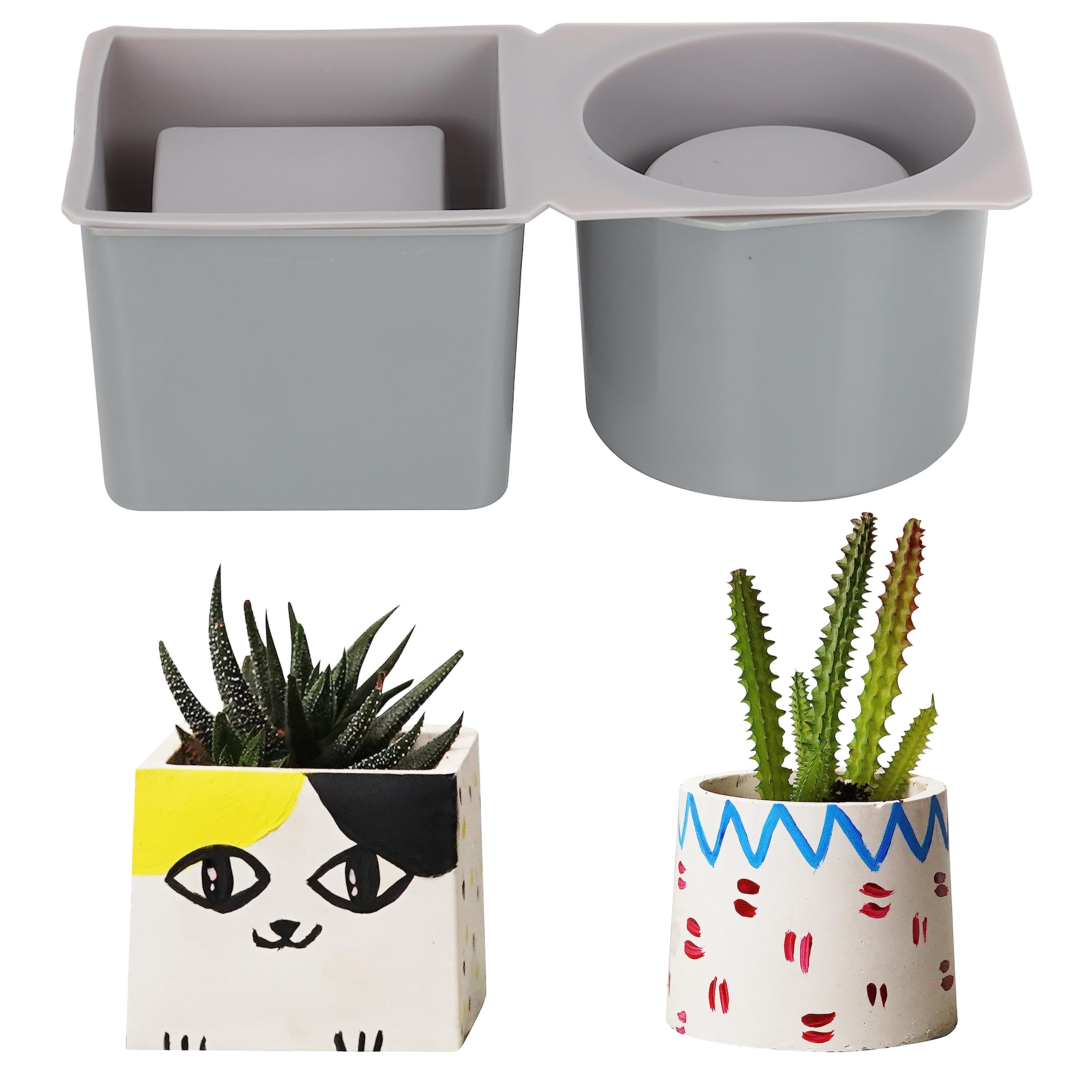 Belle Vous 2 Pack Silicone Moulds for Concrete Plant Pots - 1 Square and 1 Round Shape Cement DIY Planter Moulds - Moulds for Homemade Flower/Succulent Pots, Candle Holders or Vase Decorations