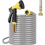 FOXEASE Metal Garden Hose 25FT- Stainless Steel Heavy Duty Water Hose with Solid Metal Nozzle &8 Function Sprayer, Portable &
