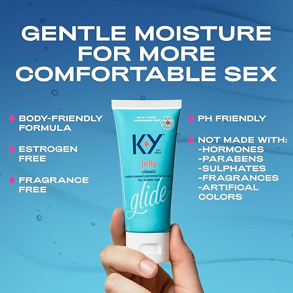 K-Y JELLY PERSONAL LUBRICANT, BODY-FRIENDLY WATER-BASED FORMULA, SAFE FOR ANAL SEX, SAFE TO USE WITH LATEX CONDOMS. GLIDE INTO A WETTER, BETTER EXPERIENCE EVERY DAY. FOR MEN, WOMEN, COUPLES, 4 FL OZ