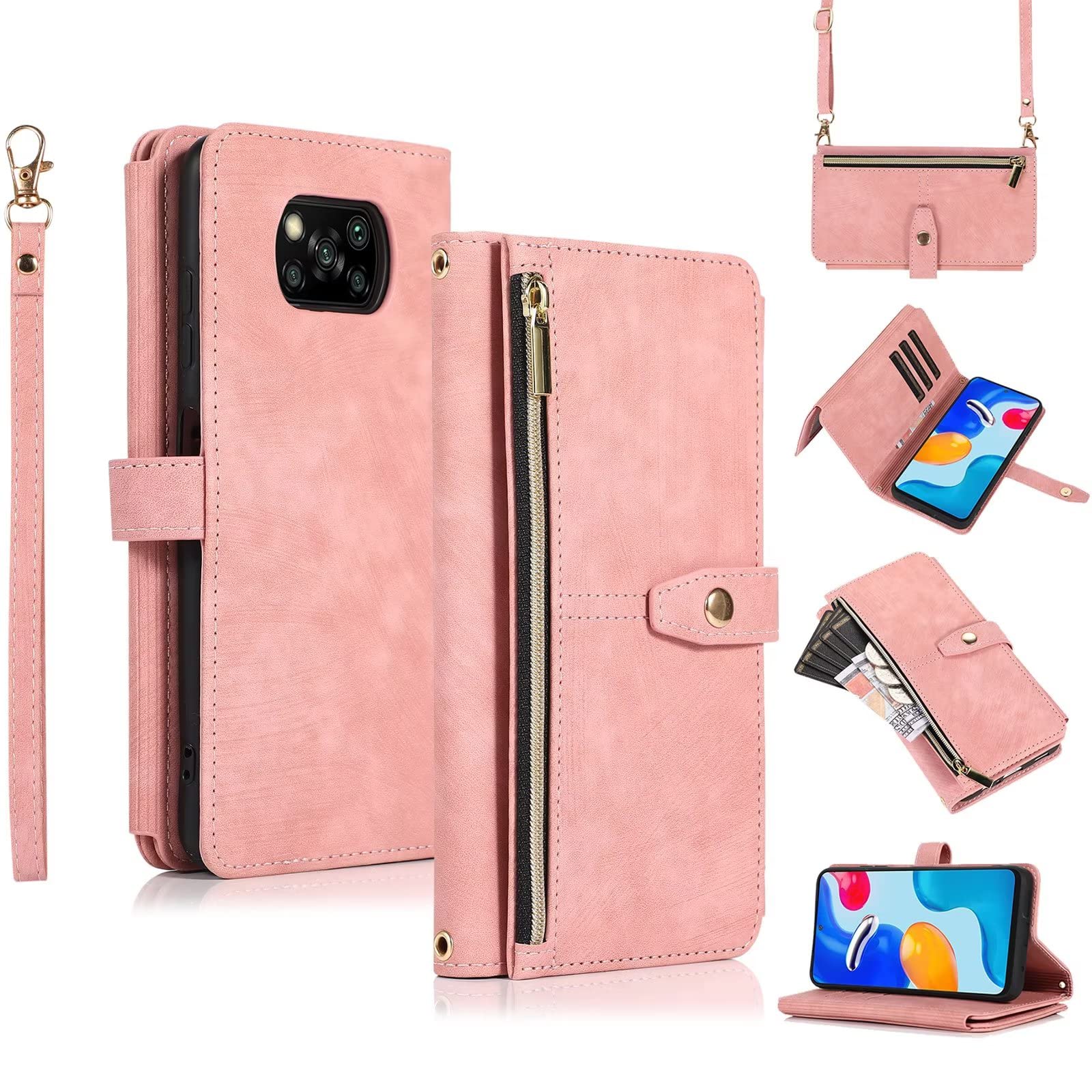 ESONG Case for Xiaomi Poco X3/Poco X3 Pro/Poco X3 NFC,PU Leather Zipper Wallet Flip Magnetic Full Protection Shockproof Cover,Crossbody phone Case for Women[9 Card Slot/2 Coin Pouch/Kickstand],Pink