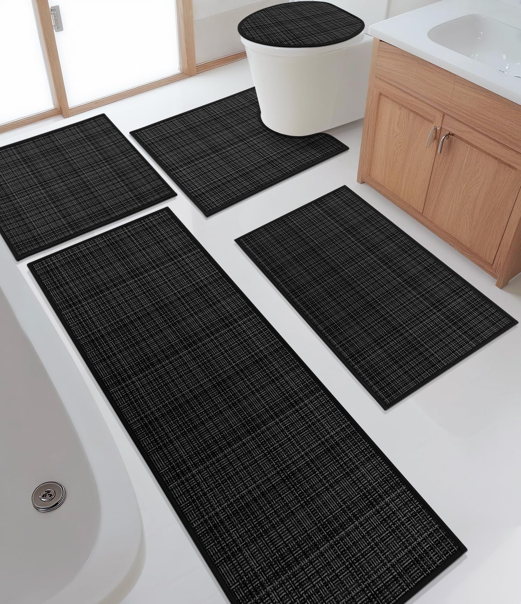 Photo 1 of YIHOUSE Bathroom Rugs Sets 5 Pieces, Ultra Thin Bath Mats Fit Under Door, Absorbent Quickly Dry Rubber Backing Braided Bath Mat Set, Non Slip Washable Bath Rugs for Bathroom Floor