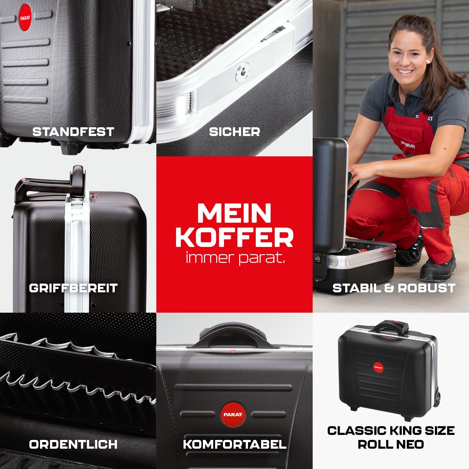 PARAT CLASSIC KingSize Roll neo CP-7 | Werkzeugkoffer leer für 60 Werkzeuge | Inkl. BASIC Roll-Up Case 8 | Rollkoffer mit CP-7 Halterungen | Bodenschale & Dokumentenfach | mit Teleskopauszug & Rollen 8