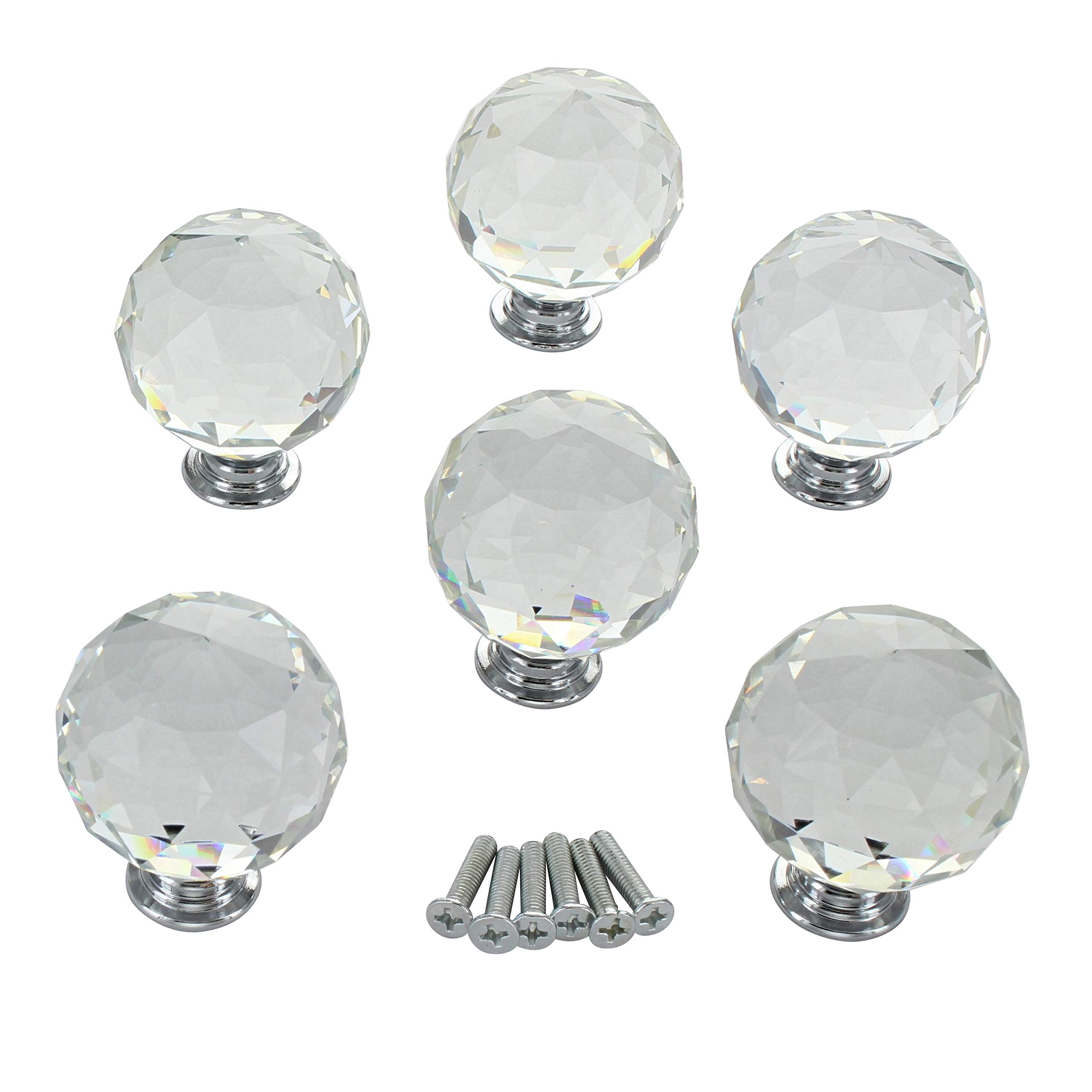 G Decor Clear Round Crystal Glass and Chrome Door Knobs Set, Vintage, Shabby Chic, Interior Furniture, Kitchen Bathroom Bedroom Accessories, Cabinet Cupboard Drawers Pulls Handles, 40mm (6-Pack)