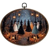 KFXHANGD Vintage Fall Witch Oval Framed Wall Art for Living Room | Dark Academia Gothic Witches Black Cat Canvas Wall Art Decor, Halloween Witchy Forest Hanging Decor for Bedroom 8.7x11.3 In