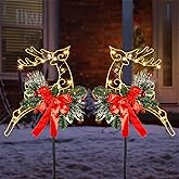 HUYIENO 2 Pack Metal Solar Powered Reindeer Stake Lights Warm White Christmas Yard Decor with Garden Ornament Stakes