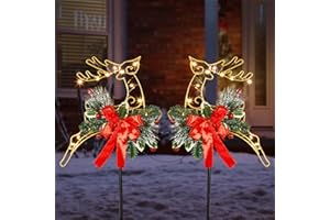HUYIENO 2 Pack Metal Solar Powered Reindeer Stake Lights Warm White Christmas Yard Decor with Garden Ornament Stakes