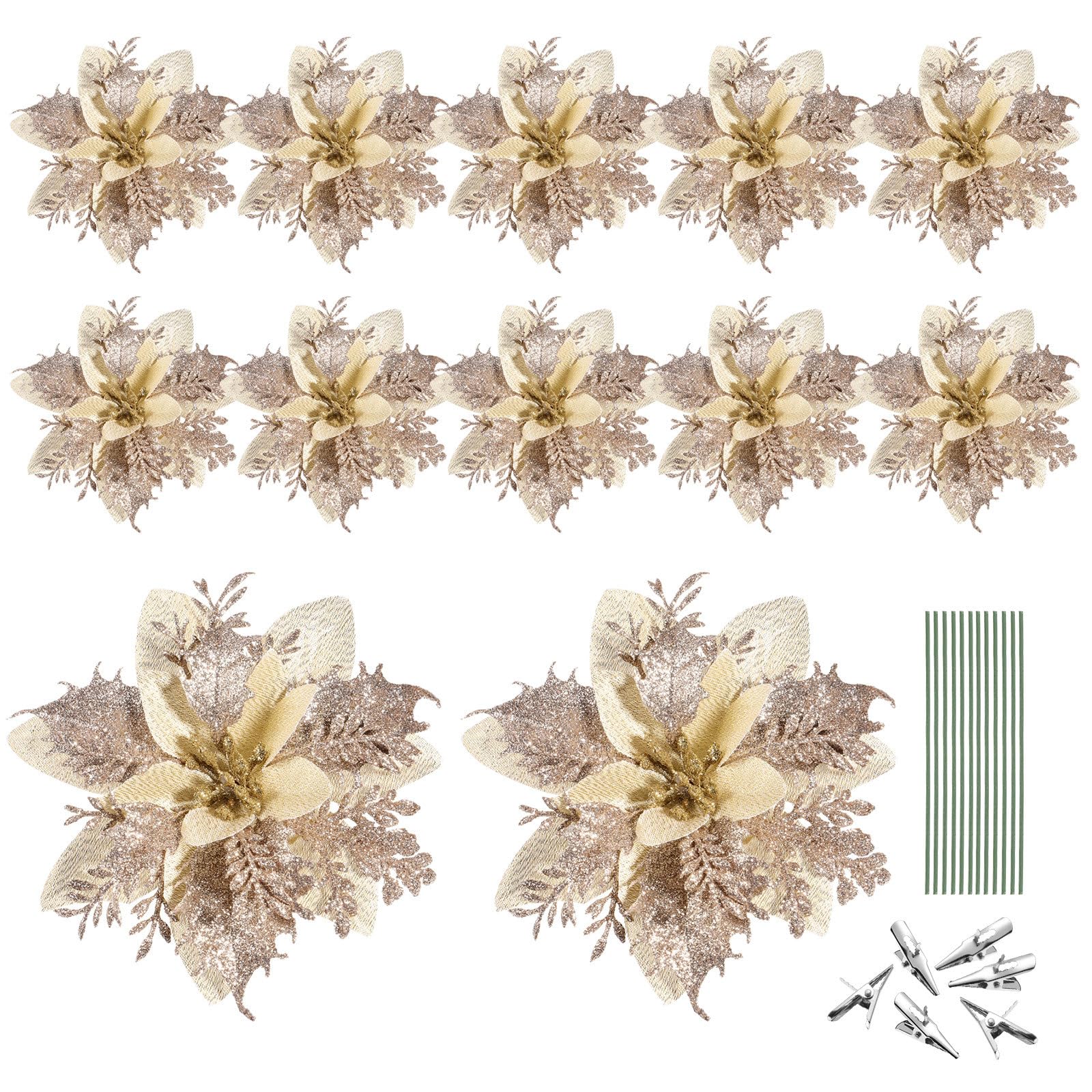 12Pcs Glitter Poinsettia Artificial Christmas Flowers, Christmas Flowers Decorations, Xmas Tree Ornaments with Clips and Stems for Xmas Wedding Party Wreath (Gold)