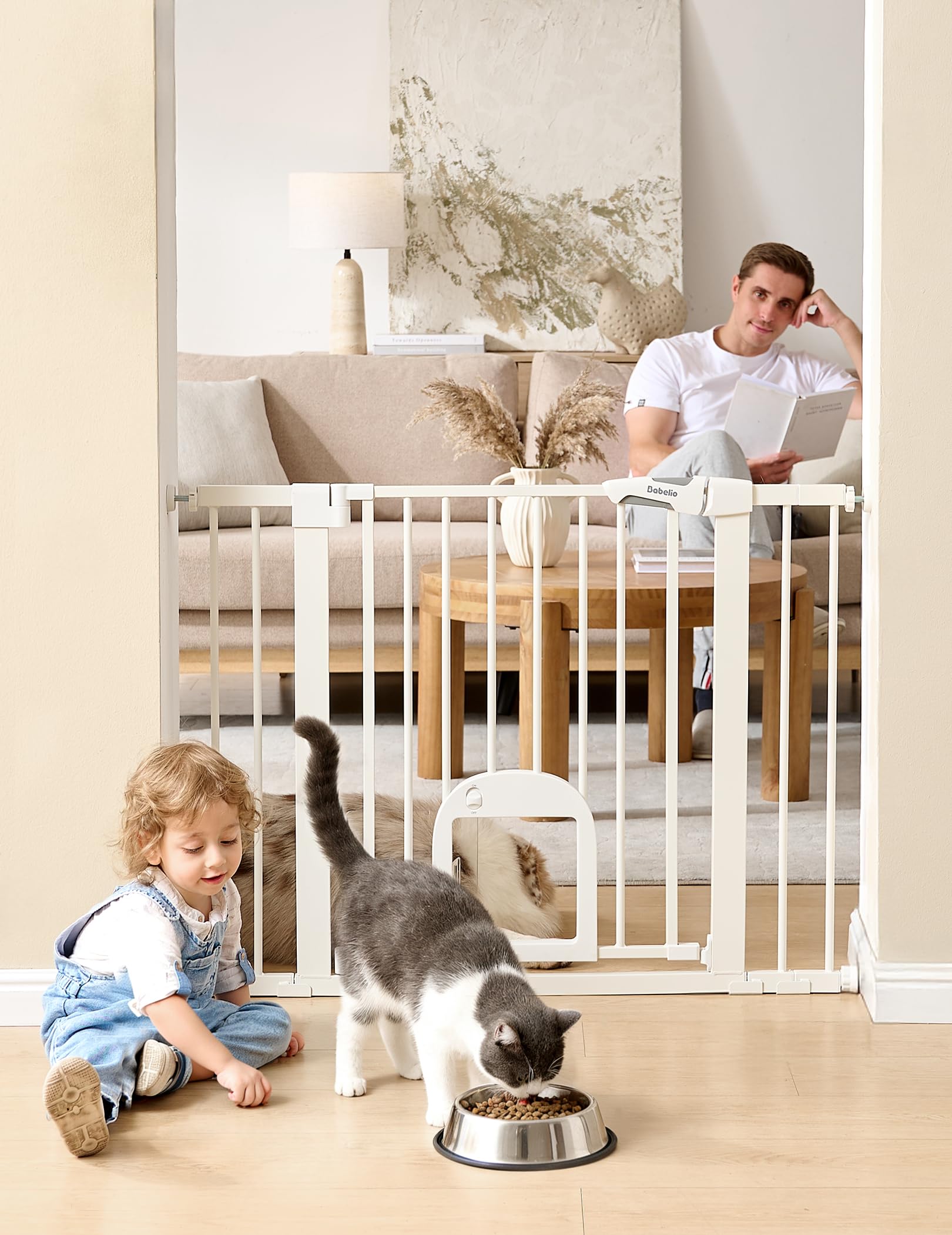 Photo 1 of **LATCH BROKE**Babelio Baby Gate with Adjustable Cat Door,29-43" Auto Close Durable Pet door for Stairs,Doorways and House,Pressure Mounted,Easy Install,Effortless Walk Thru,White