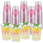 Honeydak 50 Pcs Pink Bow Cups 12 oz Bow Birthday Plastic Cups Clear Bachelorette Disposable Glasses Coquette Theme Drinking Glasses for Home Kitchen Wedding Party Favors Supplies Decoration(Pink)