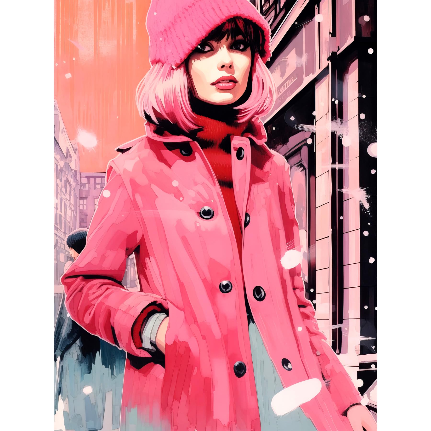 Artery8 Downtown Girl Woman in Retro Pink City Fashion Extra Large XL Wall Art Poster Print