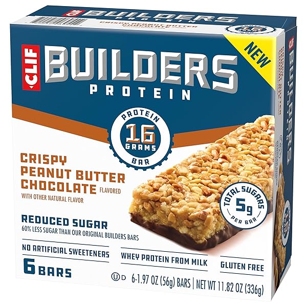 CLIF BUILDERS PROTEIN BARS – CRISPY PEANUT BUTTER CHOCOLATE FLAVORED – REDUCED SUGAR – GLUTEN FREE – 16G PROTEIN – NO ARTIFICIAL SWEETENERS – 1.97 OZ. (6 PACK)