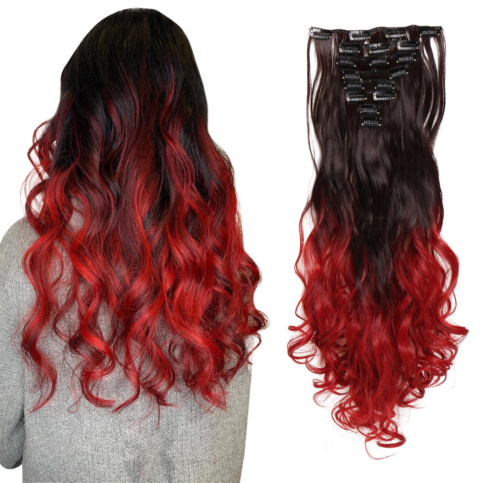 8Pcs 18Clips Full Head Clip in Hair Extensions Long Curly Synthetic Thick Hair Extension Ombre Wavy Hairpiece for Women 24" Dark Brown to Dark Red