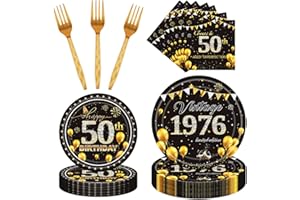 refavor 50th Party Tableware Set - 96PCS 50th 1976 Birthday Decorations Supplies Cheers to 50 Years, Paper Plate Napkin Fork Vintage Black Gold Bday Party Decor Supplies Men
