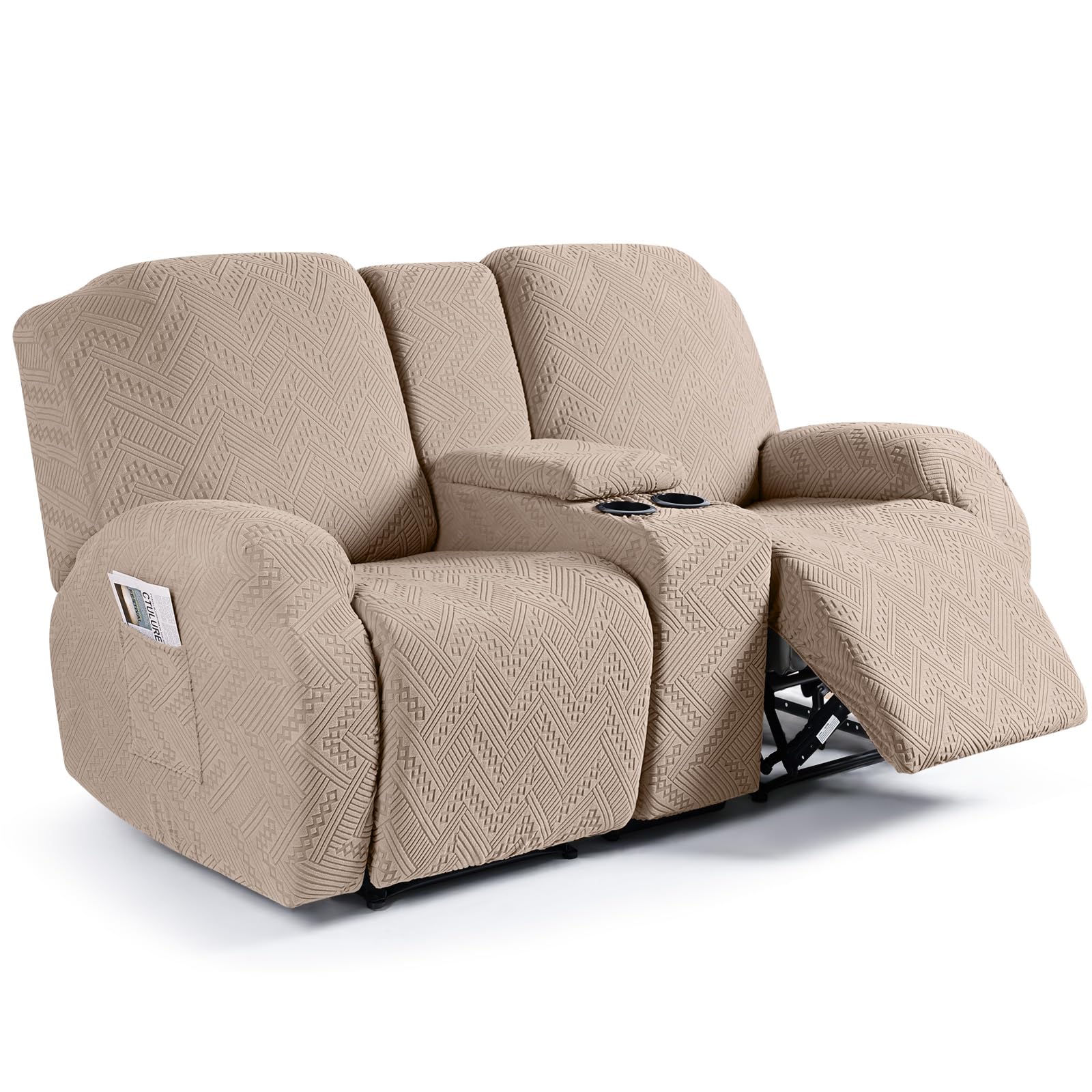 Photo 1 of Ruaozz Stretch Loveseat Recliner Covers with Console 4-Pieces Recliner Sofa Covers with Pockets Jacquard Reclining Couch Covers Furniture Protector with Elastic Straps Bottom (2 Seater, Khaki)