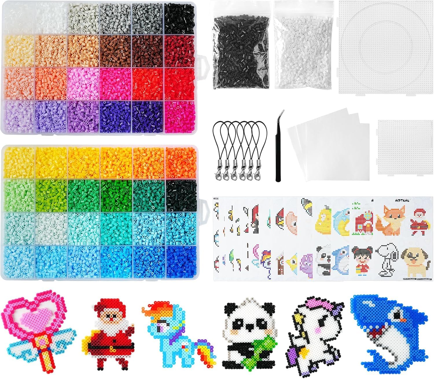 AUAUY Mini Fuse Beads Kit, 26000pcs 2.6mm Iron Beads Set for Kids, 48 Colors DIY Art Craft Fuse Beads, Bead Melting Craft Kit with 2 Pegboards, 14 Pattern Cards, Tweezers, Ironing Paper & 6 Keyring