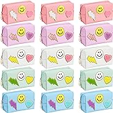 Silkfly 15 Pcs Preppy Patch Makeup Bag Bulk End of the Year Teacher Gifts Bulk Cosmetic Toiletry Bag Smile Lightning Heart PU Leather Portable Waterproof Makeup Cosmetic Purse for Women(Colorful)